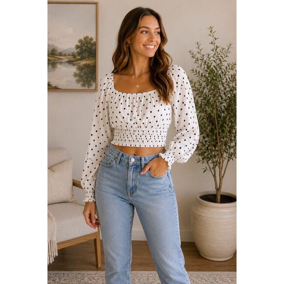 AFRM Tops - AFRM White & Black Polka Dot Smocked Crop Top Long Sleeve Blouse Large